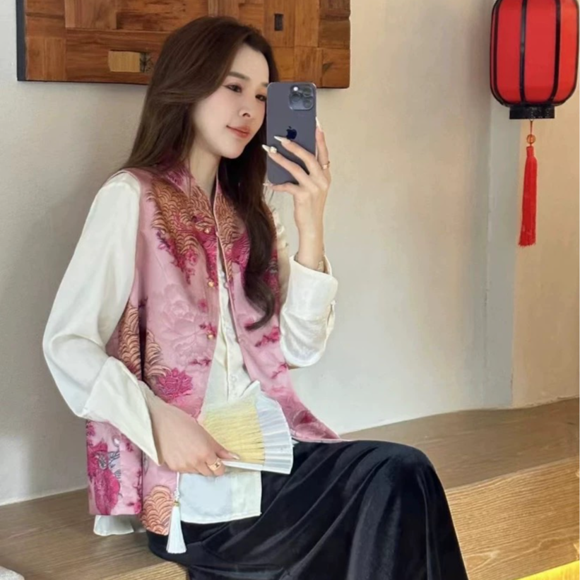 【苗姐优选】春季新品中式盘扣亮丝提花马夹气质马甲背心1295TQQ