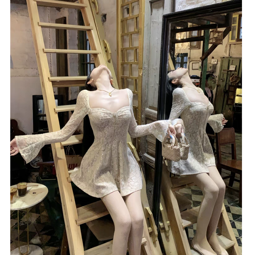 【现货】大码春季法式纯欲风辣妹短裙收腰显瘦蕾丝性感连衣裙10853