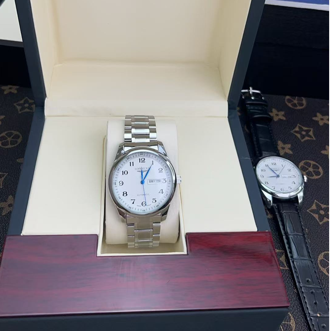 LONREXS正品全自动男士双日历实芯钢带蝴蝶扣轻奢腕表带夜光