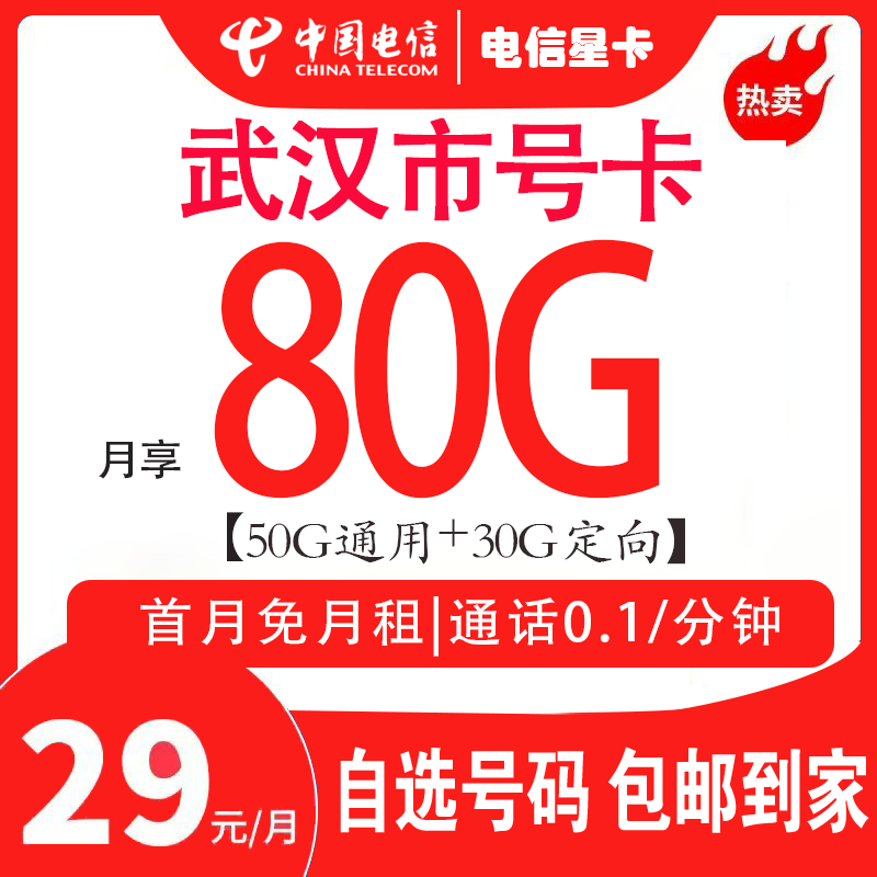 【武汉归属】中国电信星卡低月租大流量+通话0.1元/分钟DX