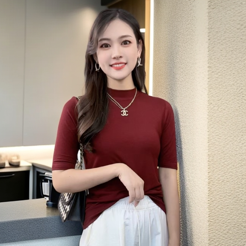 【3888】五分袖t恤女春秋小立领修身显瘦洋气百搭打底衫上衣女#3888