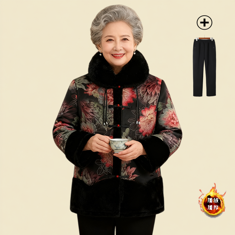 奶奶冬装外套加绒加厚大衣洋气老人老太太毛领棉袄加厚妈妈衣服
