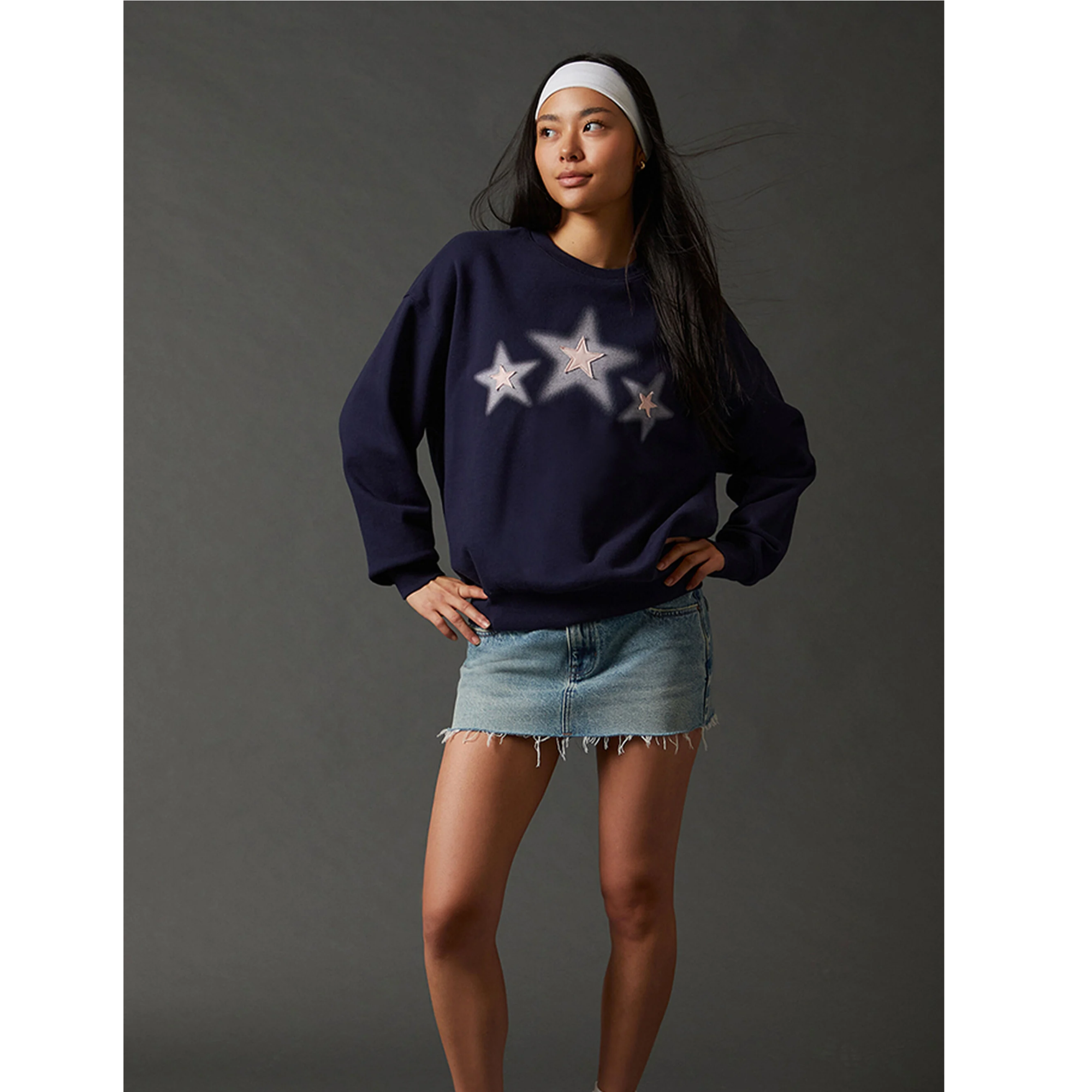 PACSUN针织卫衣海军蓝秋冬长袖圆领卫衣水洗复古时尚百搭美式