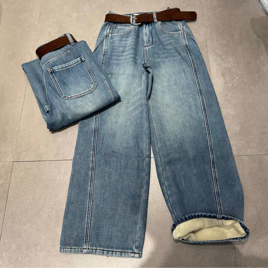 秋冬季韩系百搭时尚休闲宽松加绒牛仔拼接弯刀裤B3097-不送腰带T