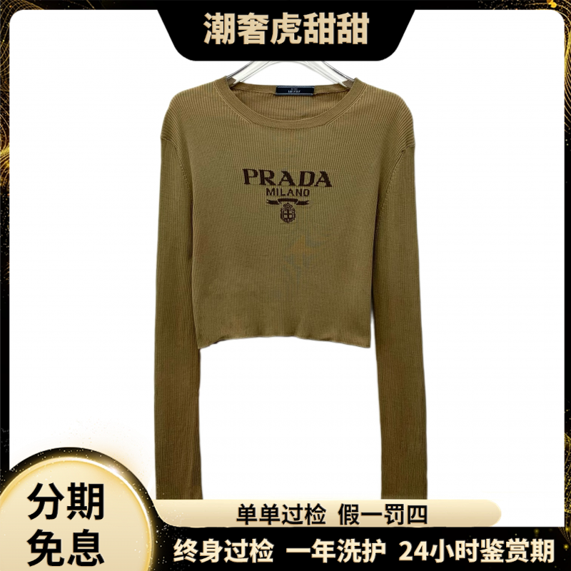 95新 Prada/普拉达 棕色棉质圆领长袖针织衫 44码/EW0102/潮奢虎
