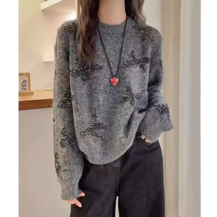 【亮片蝴蝶】新款秋冬重工毛衣圆领秋冬针织衫百搭宽松慵懒毛衣女