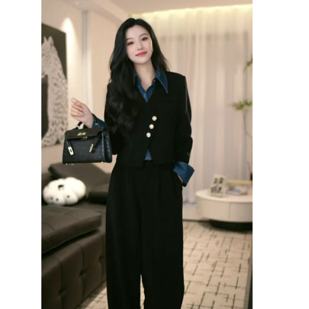 秋冬简约通勤套装女2025新款假两件外套+长裤大方3157穿搭两件套