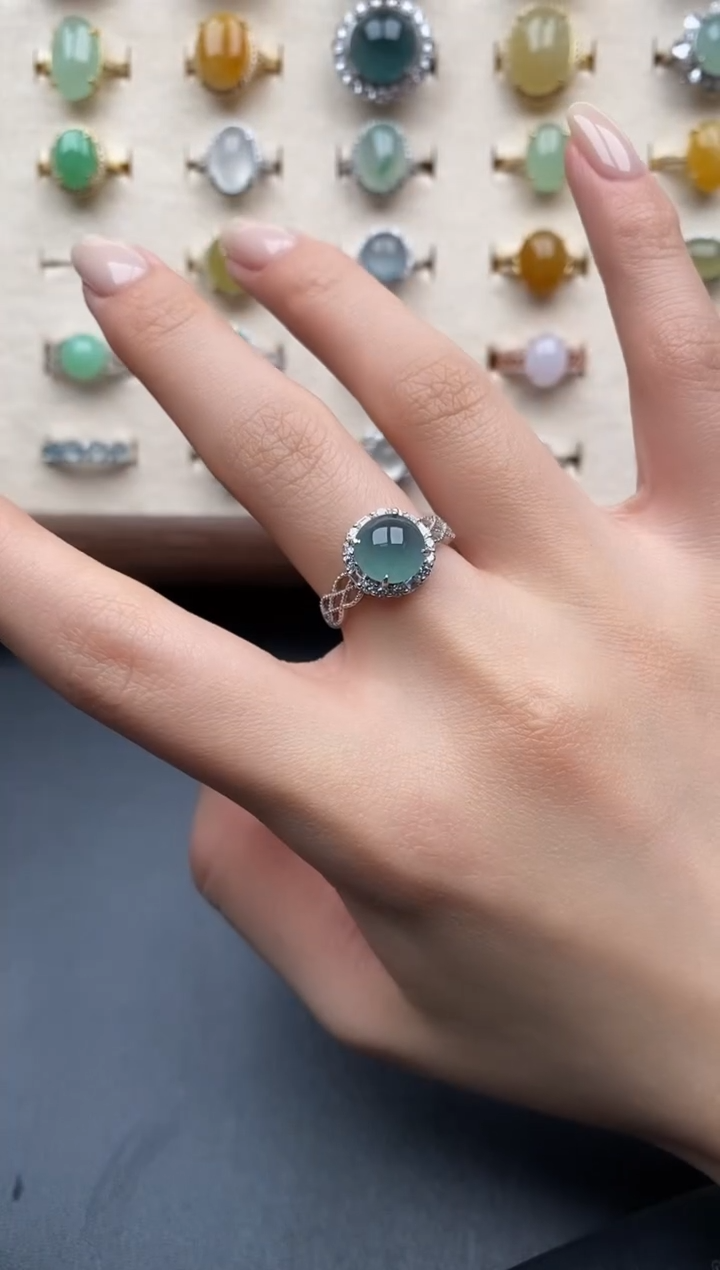 银S925镶嵌戒指翡翠一物一证一礼盒