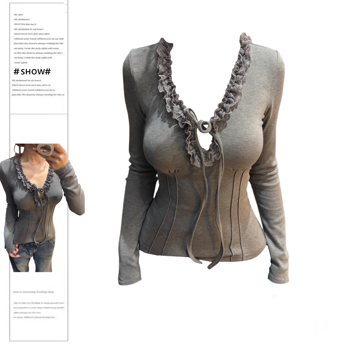 性感V领蕾丝花边系带打底衫女2025冬季新款灰色修身显瘦长袖上衣