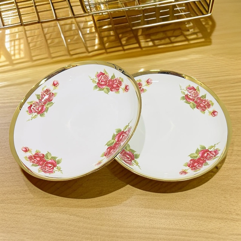 新疆包邮【红玫瑰陶瓷2个中号盘】陶瓷 好看 家用金边高档 拉面盘