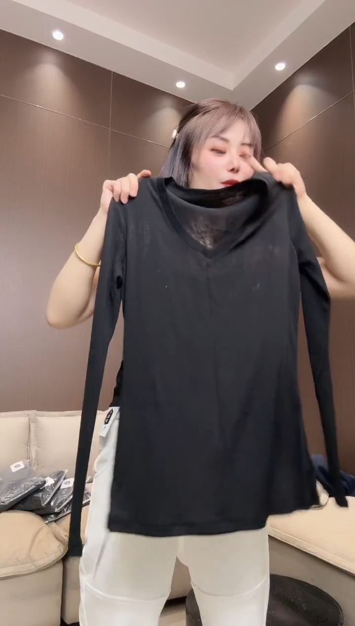 竹节麻V领M黑色大漂亮