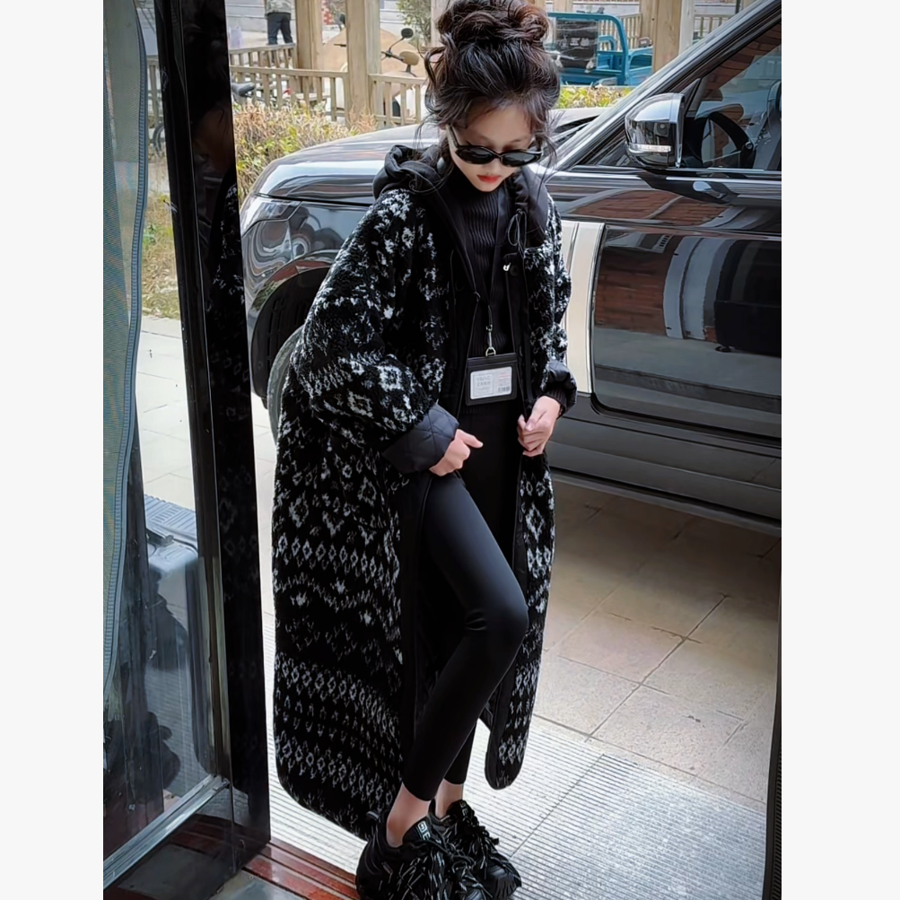 2025冬季女童新款韩版百搭宽松中长款时尚单排扣休闲外套洋气潮酷