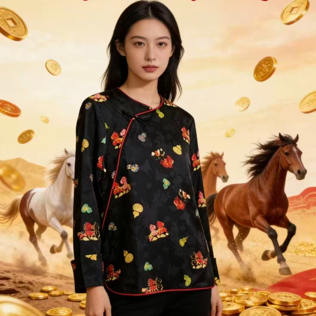 新中式国风喜庆 印花马上有钱小衫秋冬新款