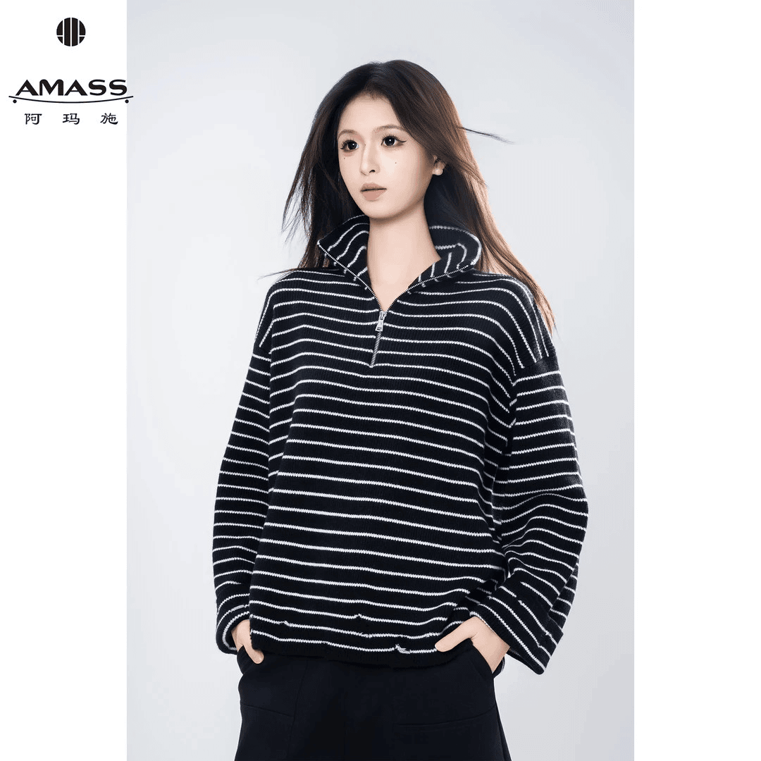 AMASS/阿玛施新款品质时尚百搭条纹落肩袖半拉链毛针织衫女538088