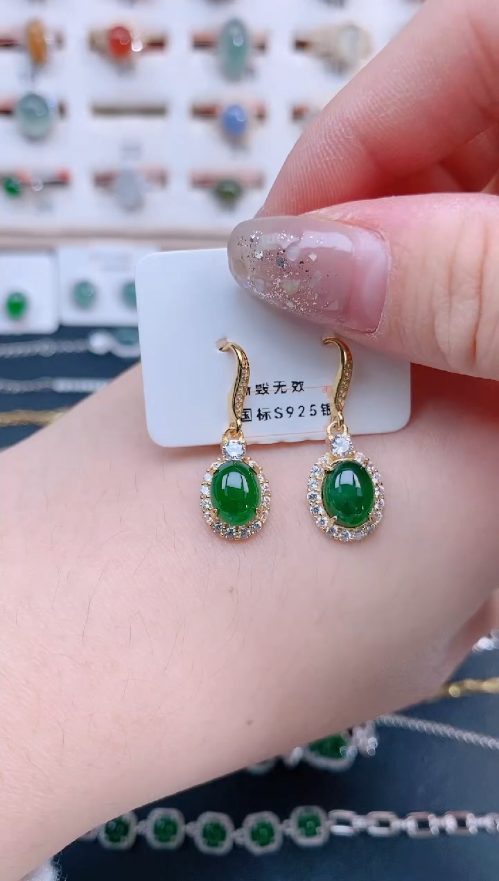 银S925镶嵌翡翠耳饰天然翡翠