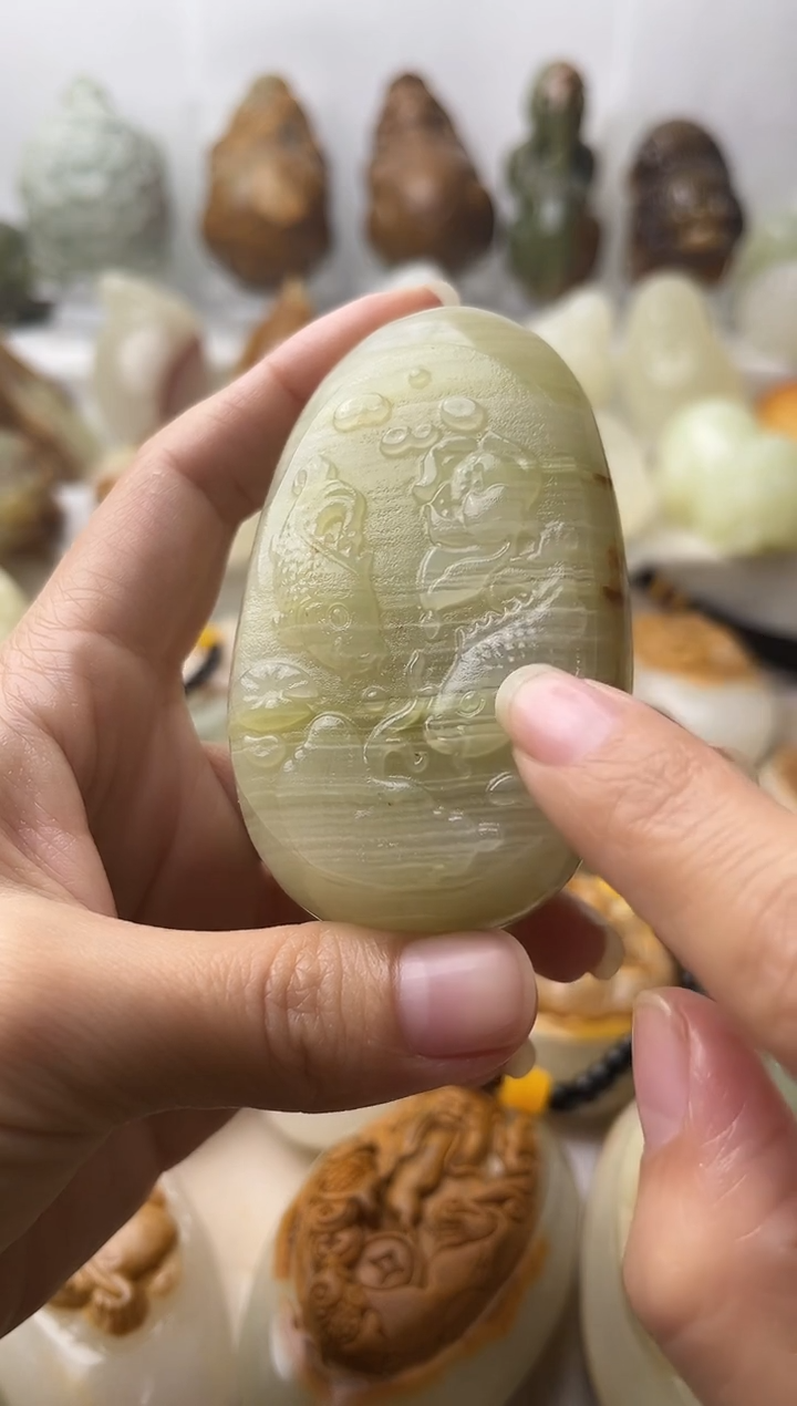 石材古青石棉纹正常不退换荷花鱼微瑕