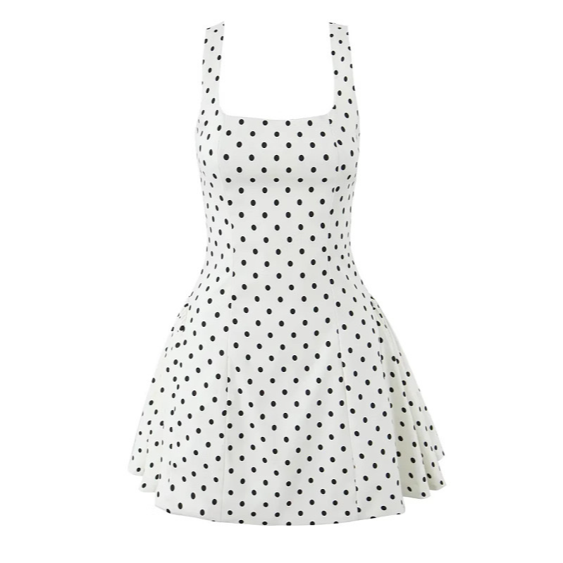 Asya【甜心泡泡】波点背心连衣裙法式方领甜美绑带纯欲A字蓬蓬短裙