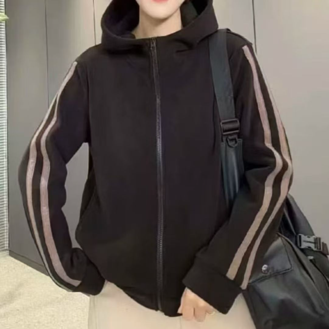 15884新款秋冬加厚拼色百搭休闲宽松显瘦连帽外套