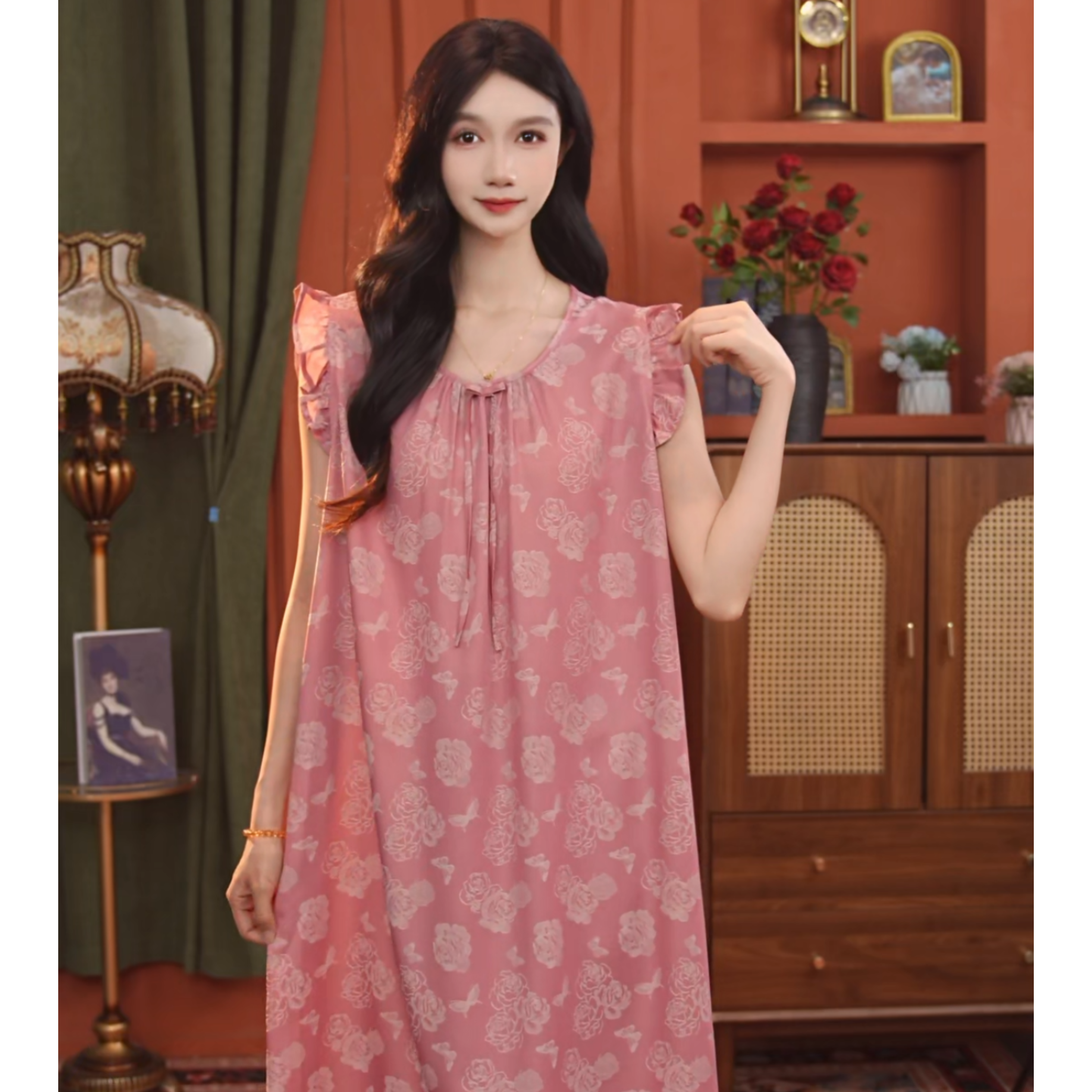 琪琪家【玫香蝶影】舒适睡衣女士套装可外穿家居服睡裙BQQ