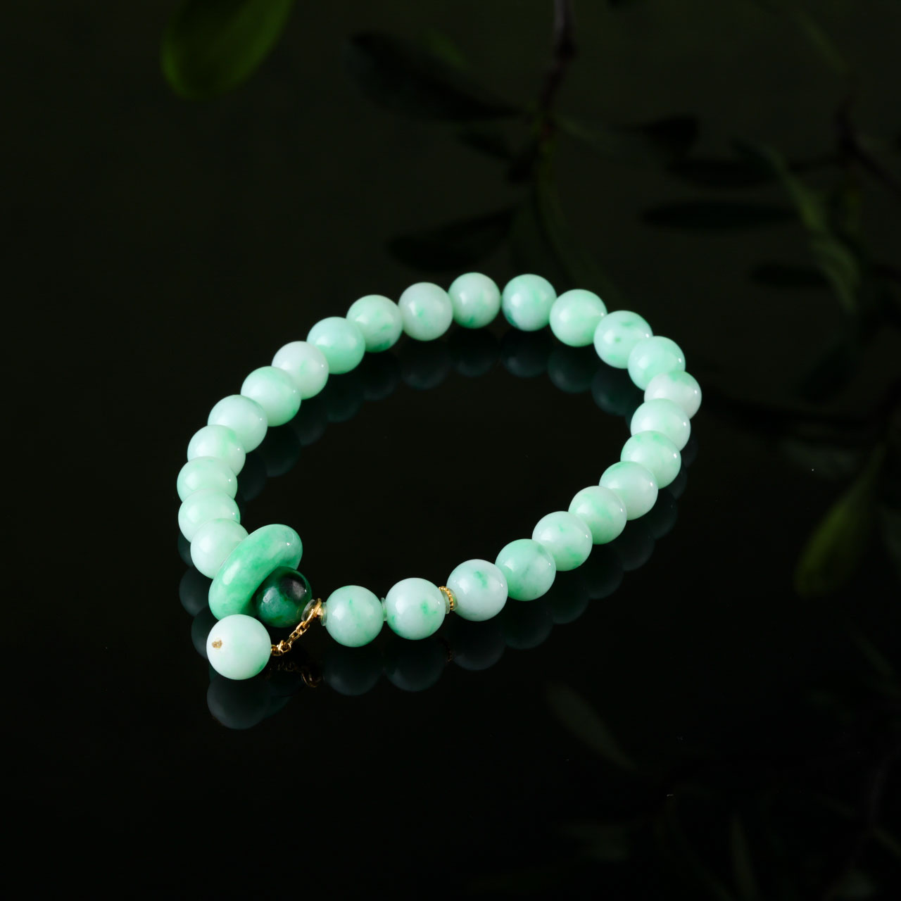 【意婵】《翠圆满》“中秋快乐”6.5mm18K金缅A阳绿翡翠单圈手链-915135