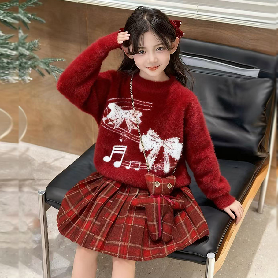 儿童线衣女童新年红针织衫中大童装半高领圣诞毛衣女孩6-12岁