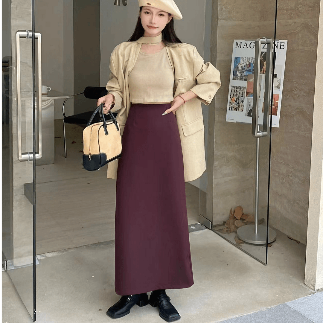 法式包臀裙女气质高腰显瘦时尚百搭开衩半身裙西装面料直筒长裙子
