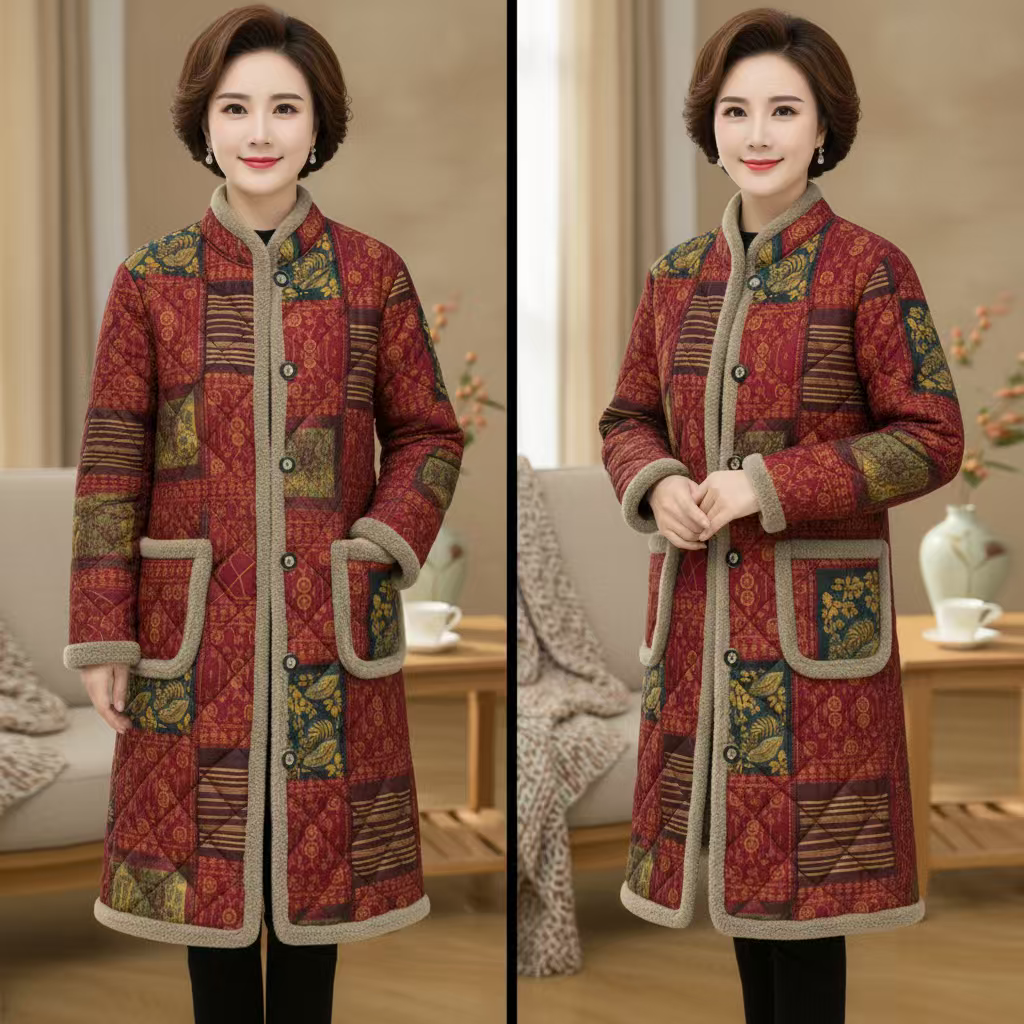 2025气质加绒加厚棉袄外套中老年妈妈冬装保暖时尚中长款棉服