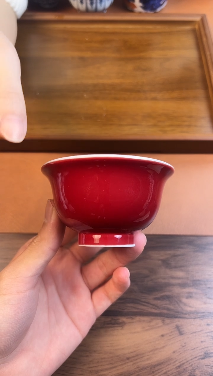 问青坊纯手工单色釉霁红内绘青花冰梅柴窑压手杯