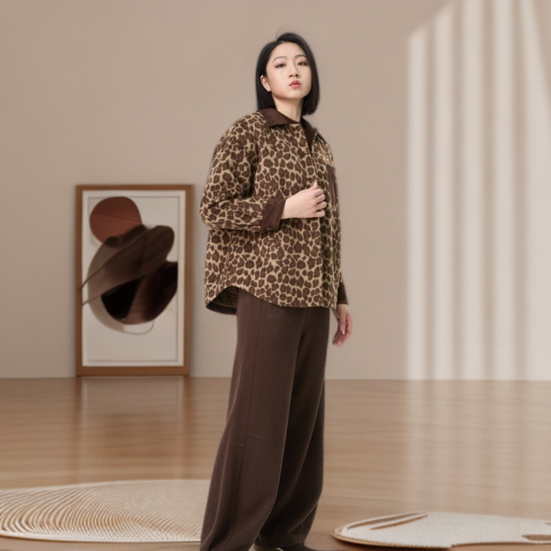 【水淼】1525时尚豹纹衬衫棉服外套大码女装
