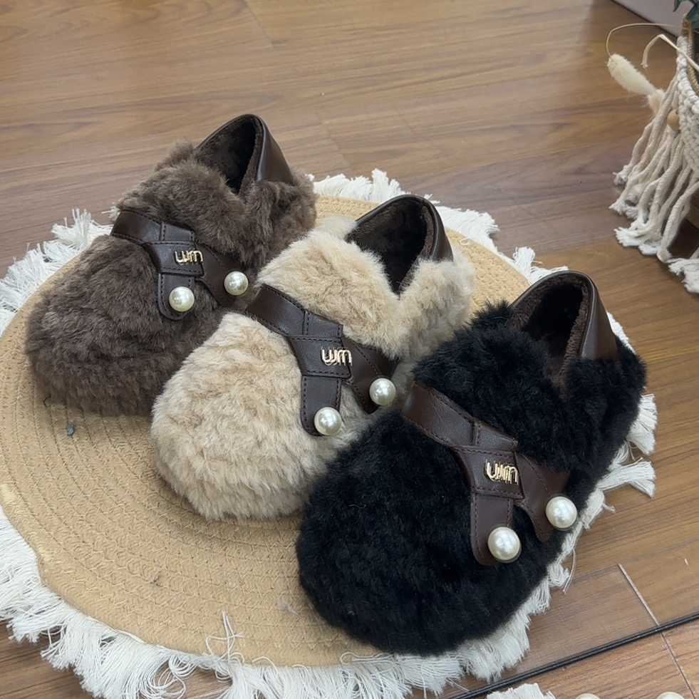 厚底白色珍珠一脚蹬毛毛鞋女秋冬加绒外穿2025新款保暖豆豆棉鞋子