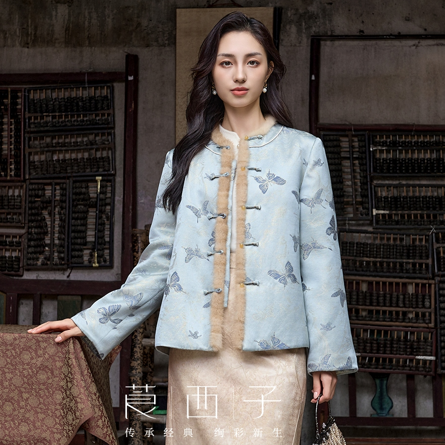 【醉娆】老钱风贵气穿搭圆领毛条包边保暖修身新中式棉衣新款