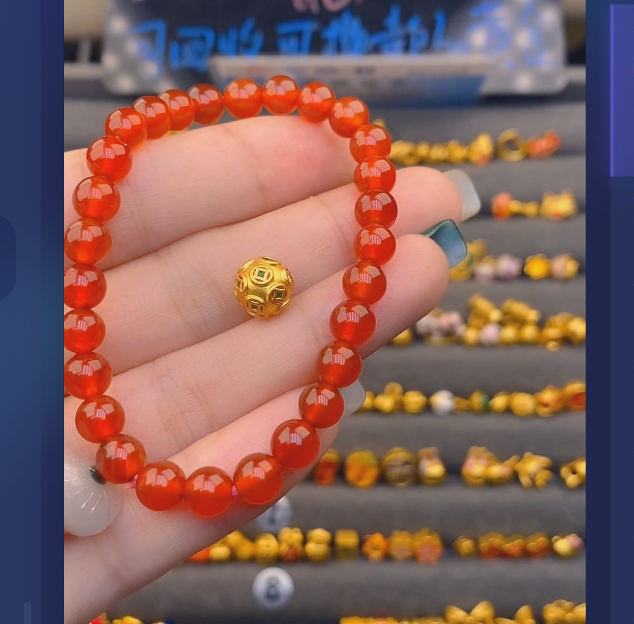 足金999卡8烧蓝钱币珠玛 瑙手串/ 多样性发