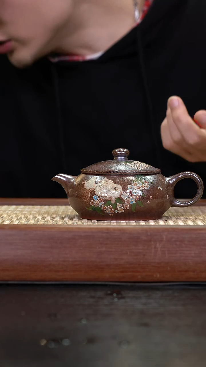 茶壶紫砂柴烧泥绘明炉