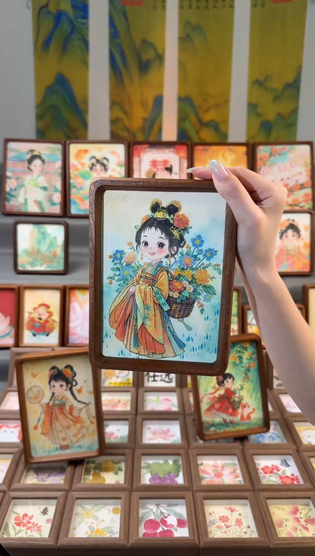 国画花篮女孩 手绘国画7寸画芯