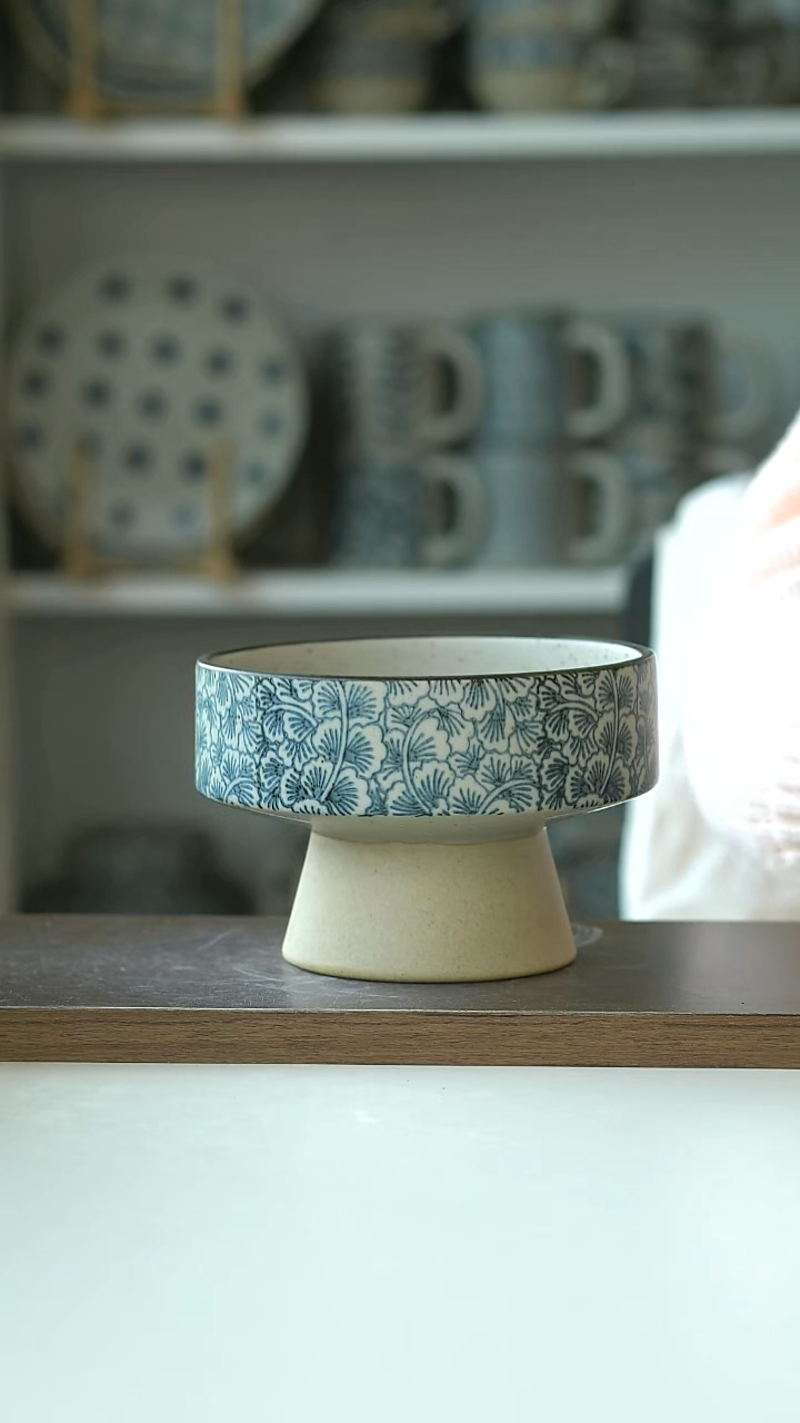 陶粗陶手绘银杏高足甜品盘13cm@7-7@