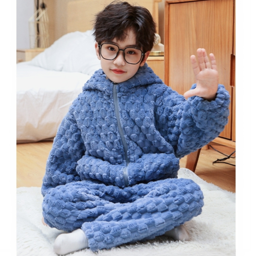 男童睡衣秋冬季法兰绒套装儿童大童加厚珊瑚绒男孩保暖连帽家居服