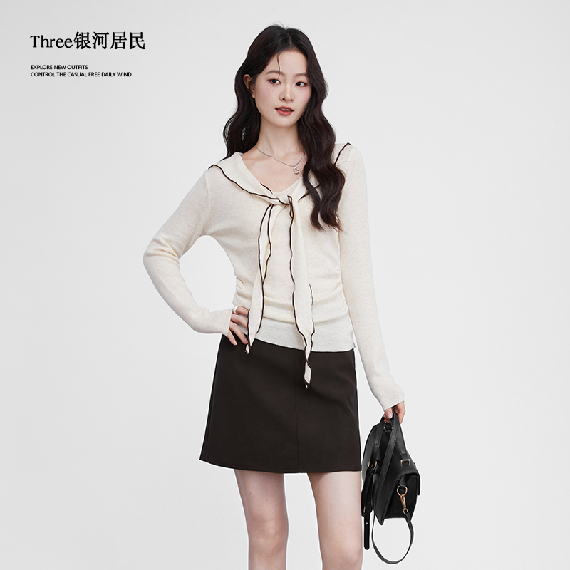 Three银河居民 韩系高腰显瘦包臀直筒半身裙女秋冬PU皮高质感短裙