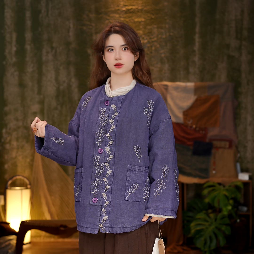 25AW62衣长70CM胸围140CM亚麻刺绣冬款长袖棉服