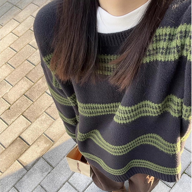 冬季条纹女针织圆领常规毛针织衫百搭高领开衫套头时尚宽松慵懒风