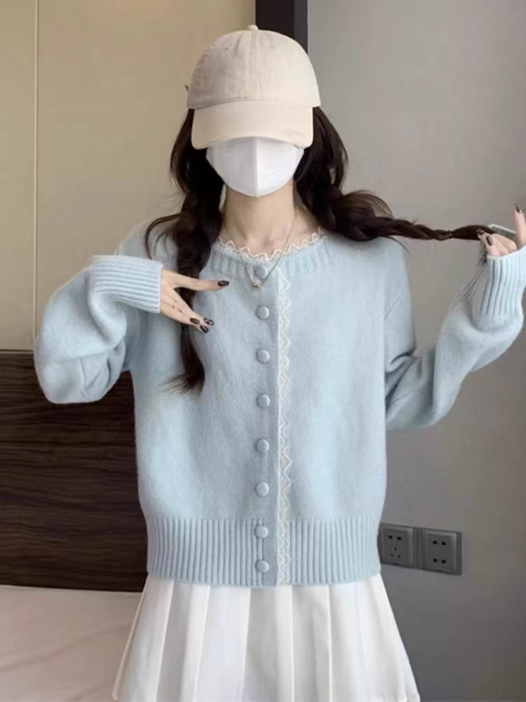 【现货版】蕾丝花边时尚单排扣温柔风宽松甜美针织毛衣开衫外套打底