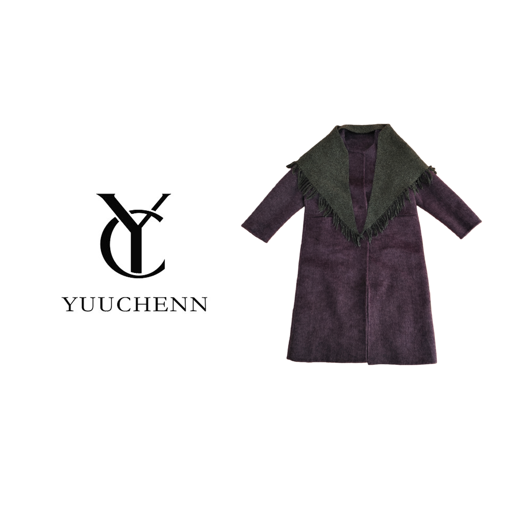 YUUCHENN【100纯羊毛】围巾长款紫色大衣外套气质显瘦女上衣58009