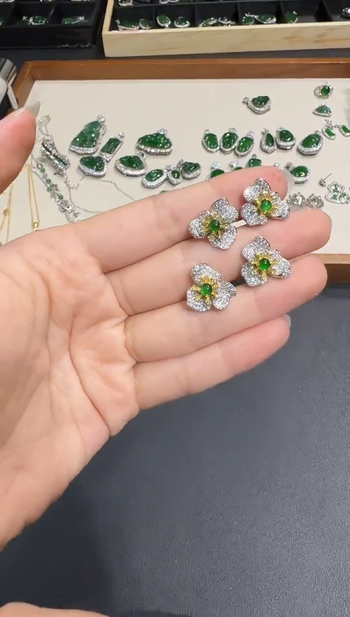 银S925镶嵌翡翠耳饰X1202-886-63多样性一对