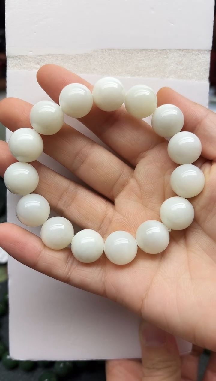 未镶嵌手链和田玉14MM   白玉圆珠