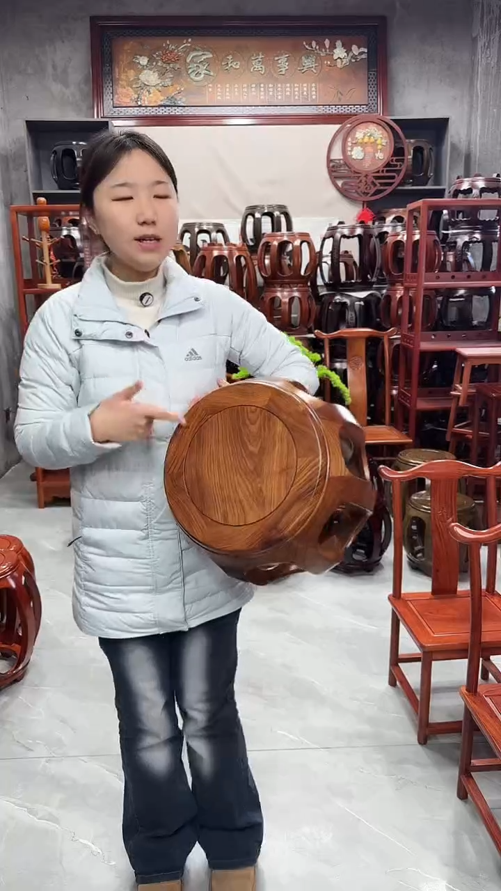 花梨木类家具  原木色小号鼓凳一对（两条）