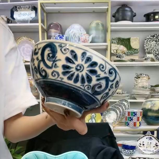 【单支】日本进口宗山家手绘面丼碗15.5cm-蓝菊