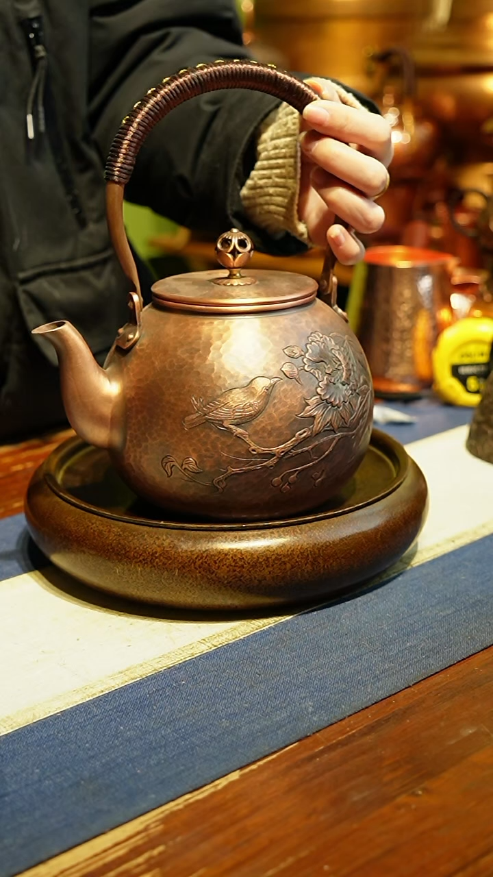 【闪购商品】紫铜浮雕鸟语花香煮水壶