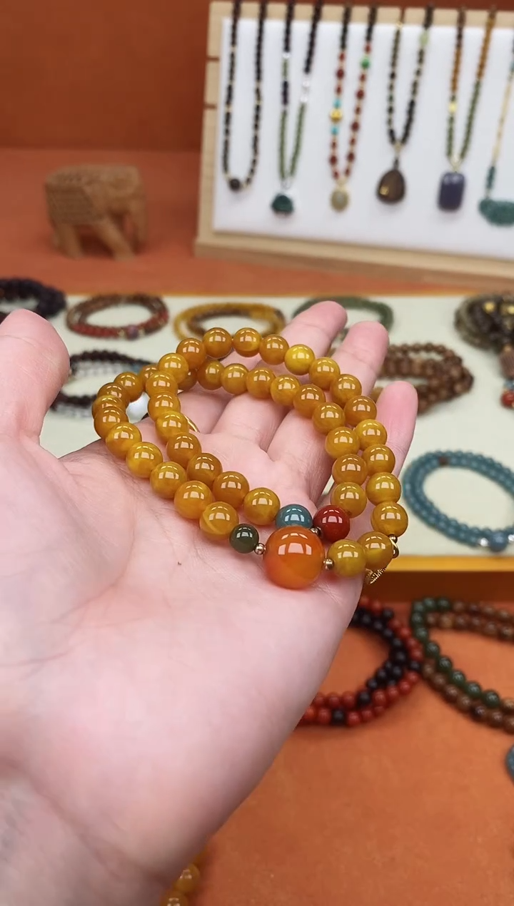 手链蜜蜡未镶嵌双圈蜜蜡和田南红蓝水手串