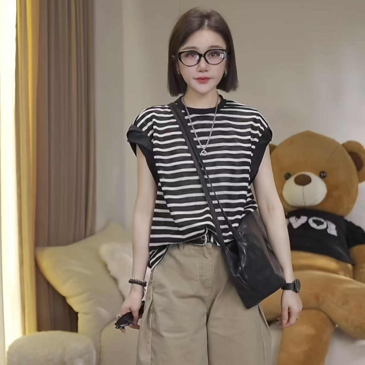 JW/静稳2025-夏季时尚宽松百搭休闲女款减龄短袖条纹T恤5551360