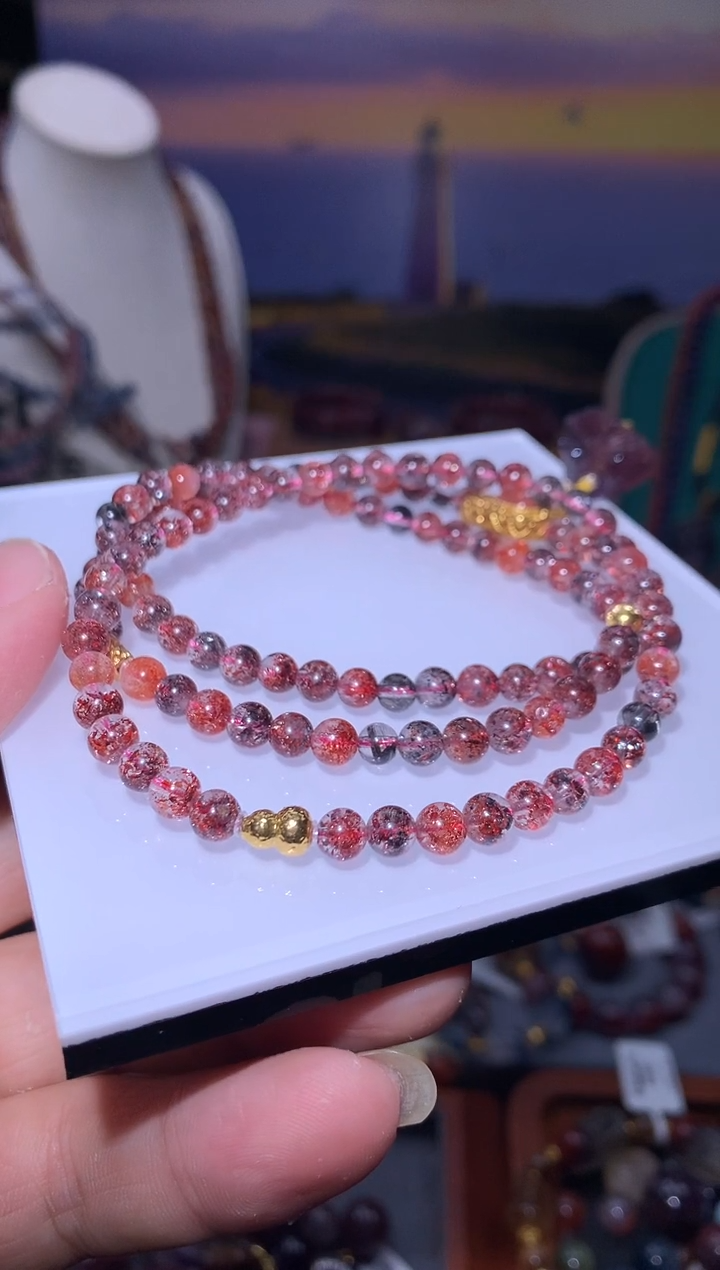 18K金镶嵌珠宝半成品水晶超七圆珠108项链