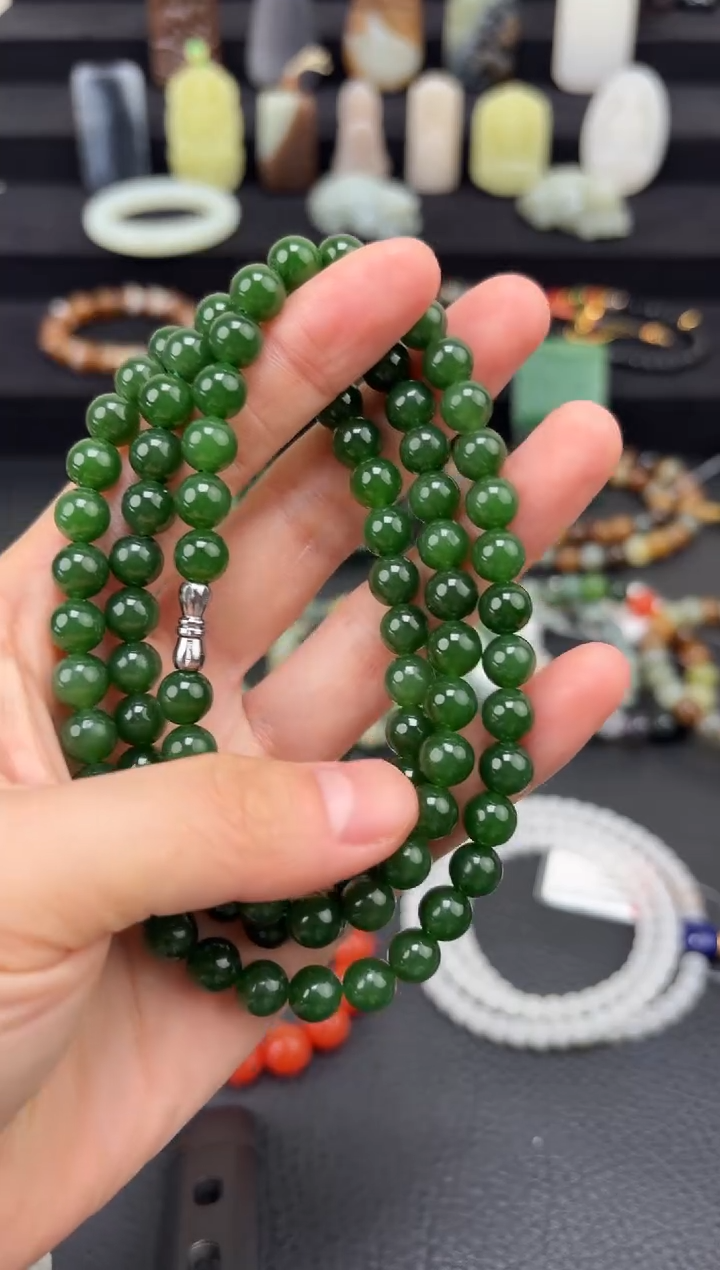 未镶嵌和田玉挂件7mm碧玉圆珠妈妈链